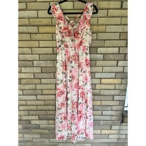 Express Floral Ruffle V-Neck Tiered Maxi Dress Pink White Size Small